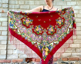 Pavlovo Posad  big traditional floral red floral folk Scarf, Ukrainian woman Shawl, russian piano shawl, Gift for Her