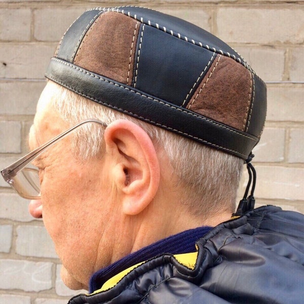 Kufi in pelle nero e marrone Нandmade - kufi da uomo - yarmolka nero - kippah da uomo - cappello ramadan musulmano