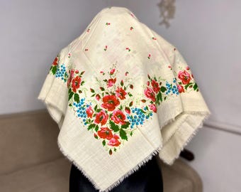 Vintage Wolltuch aus Wolle, Weißer slawischer Schal aus rumänischer Wolle, Babuschka Schal