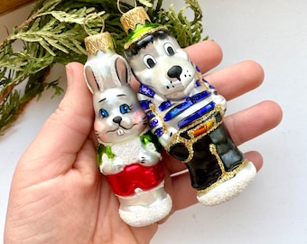 Set Wolf und Hase Gut warte russische Weihnachtsverzierungen - Ny pogodi Ukrainische handgemalte sowjetische Comicfiguren Glasdekor Ukraine