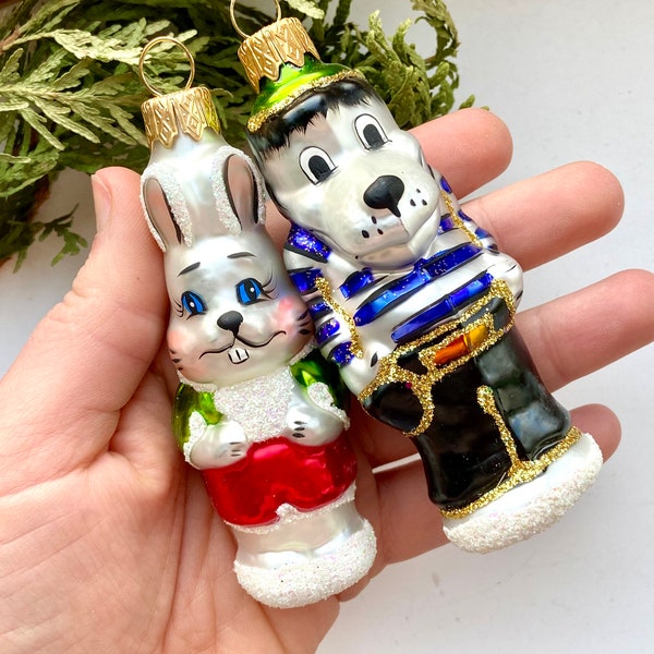 ENSEMBLE Loup et lièvre, attendez bien, décorations de Noël russes - Ny pogodi, personnages de dessins animés soviétiques ukrainiens peints à la main en verre, décoration en verre Ukraine