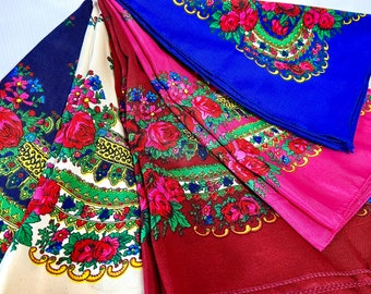 Polnisches Vintage blaues traditionelles Bandana - rumänischer sowjetisch slawischer Babuschka-polnischer Blumenboho-Kopftuchoberteil Kokum masani wrap