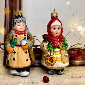 Ukrainian Christmas ornament rural children girl and boy, vintage glass hand-painted Christmas tree decor, russian ornaments
