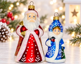 Snegurochka and Ded Moroz Ukrainian Glass Ornaments, Russian Santa