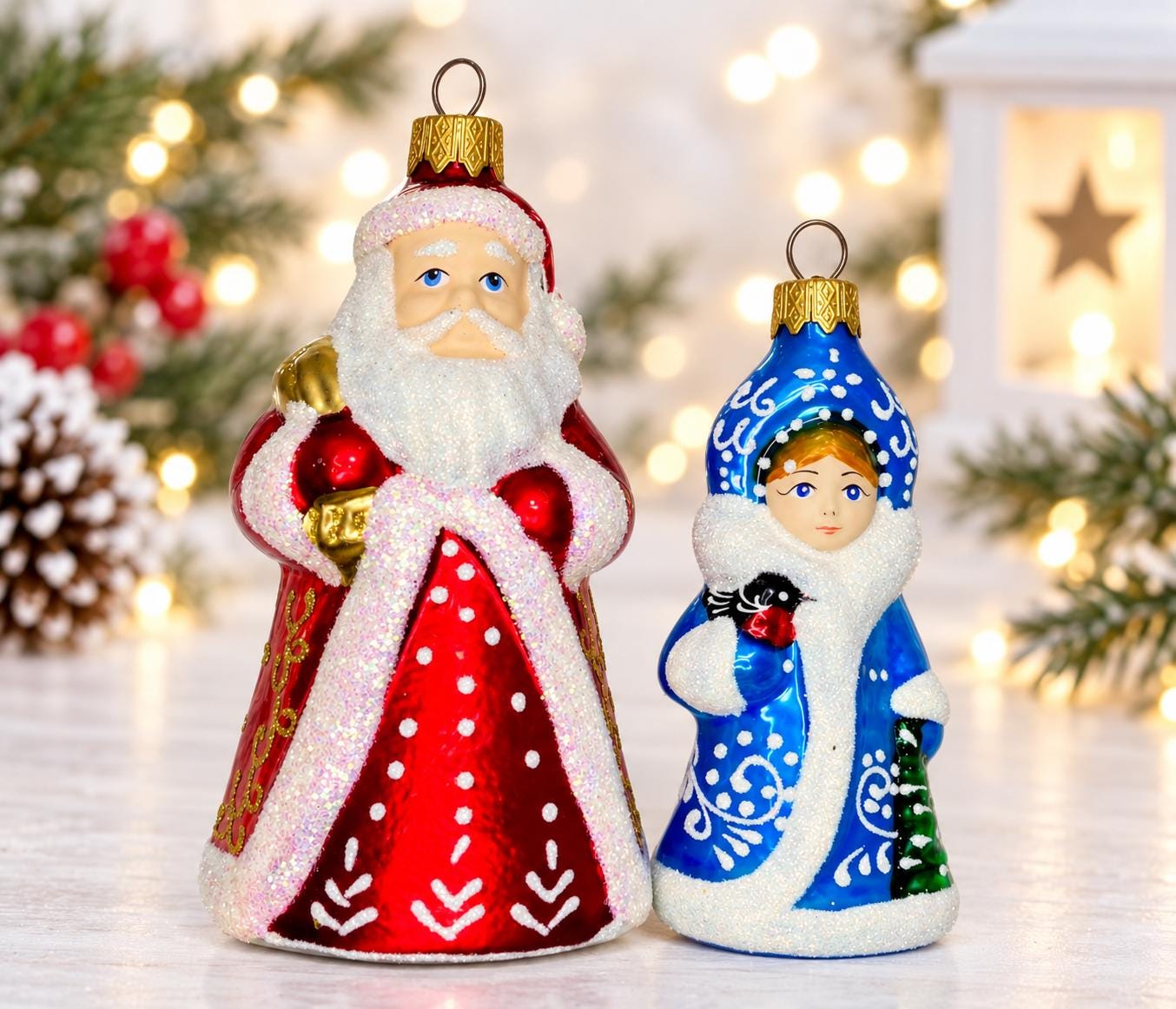 Snegurochka and Ded Moroz Ukrainian Glass Ornaments, Russian Santa