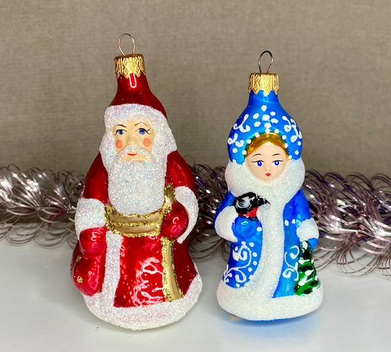 SET Ded Moroz and Snegurochka Ukrainian Glass Decorations, Russian