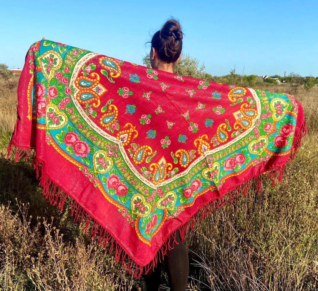 Châle En Laine Ancien Russe – Vintage – Rouge – Tampon D'époque – XIXe