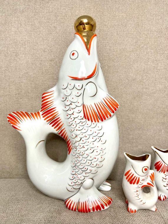 Vintage Set Fish Family, Ukrainian Porcelain Decanter, Russian