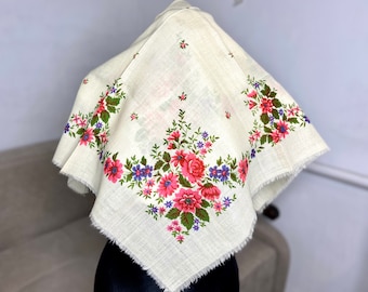 100% wool floral Ukrainian women headscarf, vintage Polish boho white shawl, USSR folk russian shawl, Romanian fabric, Ukraine store