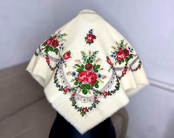 Vintage kokum sjaal, Oekraïense winterbruidssjaal, boho bruidssjaal in Poolse stijl, Slavische ivoren wollen damessjaal, bandana