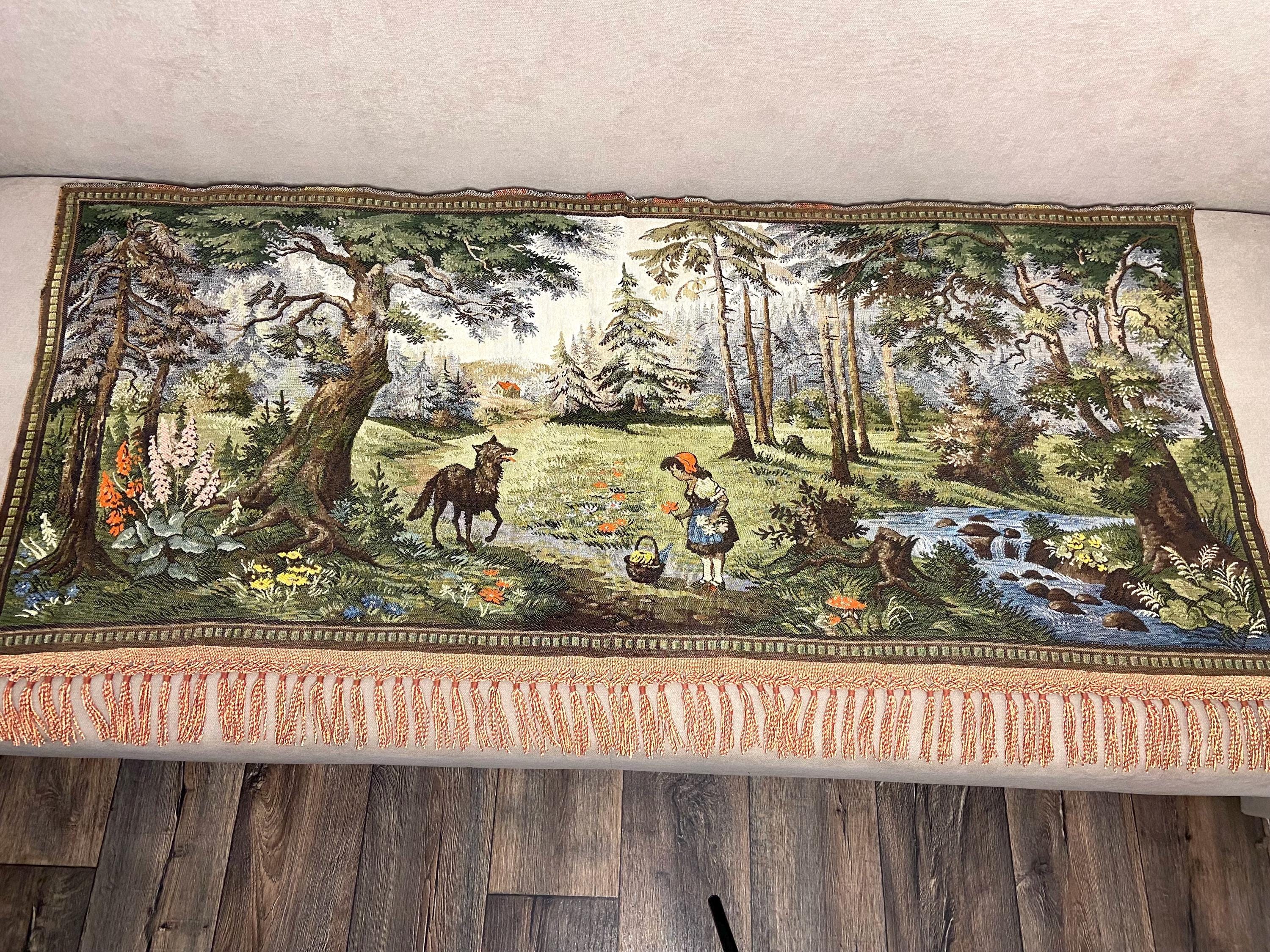 Vintage German Cotton Wall Tapestry Fairy Tale Little Red Riding