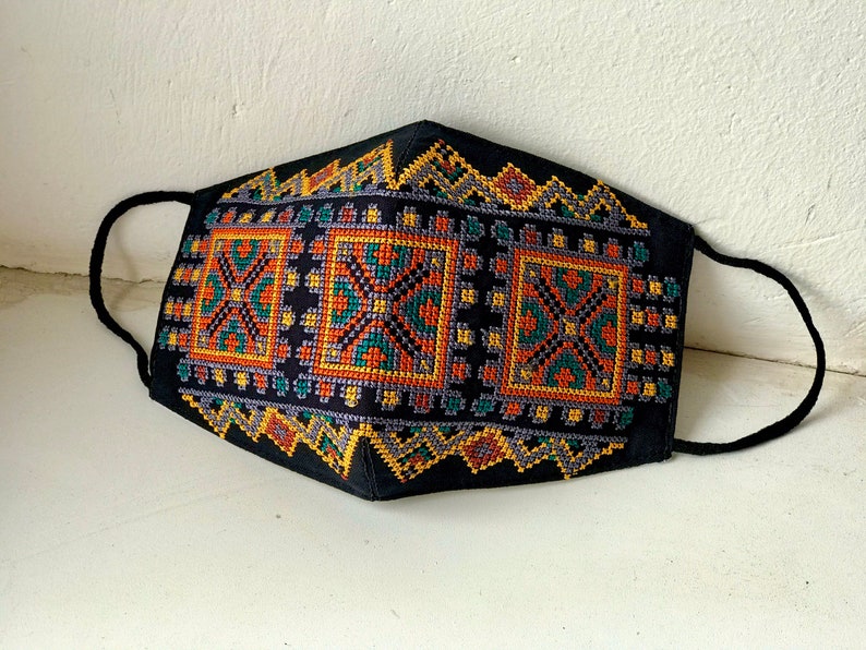 Ukrainian face mask embroidery 2 layers cotton black folk Etsy