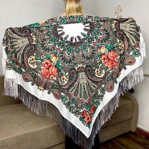 Wedding white shawl, Pavlovo Posad floral woman Scarf, Russian female fringed Shawl, Easter Slavic piano shawl, Ukrainian tablecloth