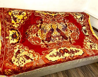Colcha vintage de terciopelo con estampado de pavo real, manta bohemia para sofá, textil de la URSS