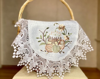 Embroidered Linen Easter Basket Cover, Ukrainian Rushnyk Table Runner, Vintage Pascha Decor