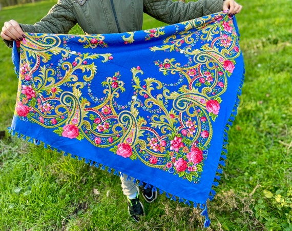 Woolen Polish Vintage blue traditional shawl - Ro… - image 2