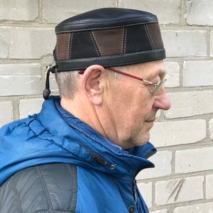 Kufi big size leather Нandmade kippah muslim black and brown uzbek men's hat tubeteika skufia Ukrainian store image 2