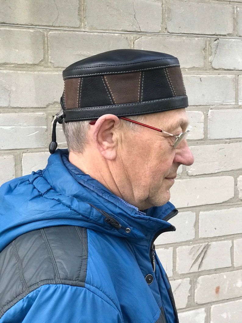 men/'s kufi black yarmolka men/'s kippah muslim black and brown Kufi leather \u041dandmade hat big size