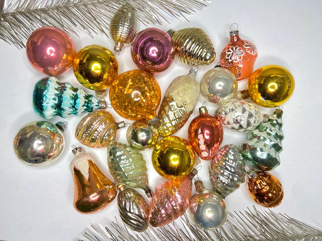 Vintage Mercury Russian Glass Christmas Ornaments, 60s USSR