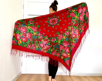 Ukrainian big piano shawl, Vintage wool red russian pavlovo posad Floral Scarf With Tassels, fringe shawl Ukraine, flamenco spanish shawl