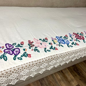 Antique Ukrainian Handembroidery Cotton lace sheet, Slavic folk embroidery sheet, vintage floral smooth embroidery, Ukraine cotton Bedding