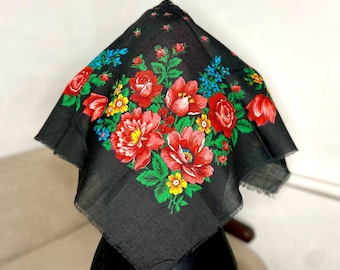 Vintage wollen bloemensjaal, Oekraïense zwarte sjaal, Russische boho-bandana