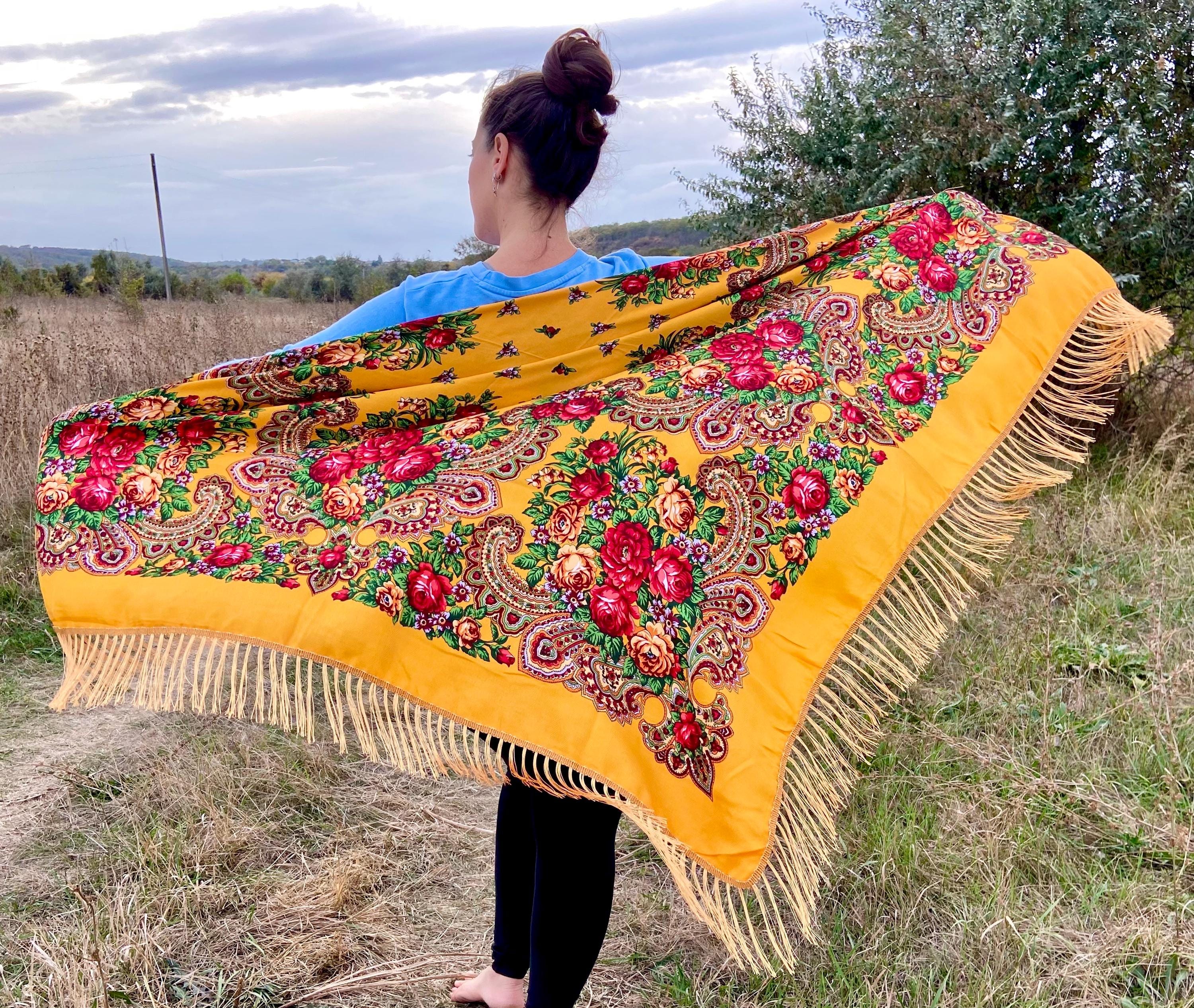 Large Ukrainian Yellow Piano Shawl, Russian Floral Scarf, Folk