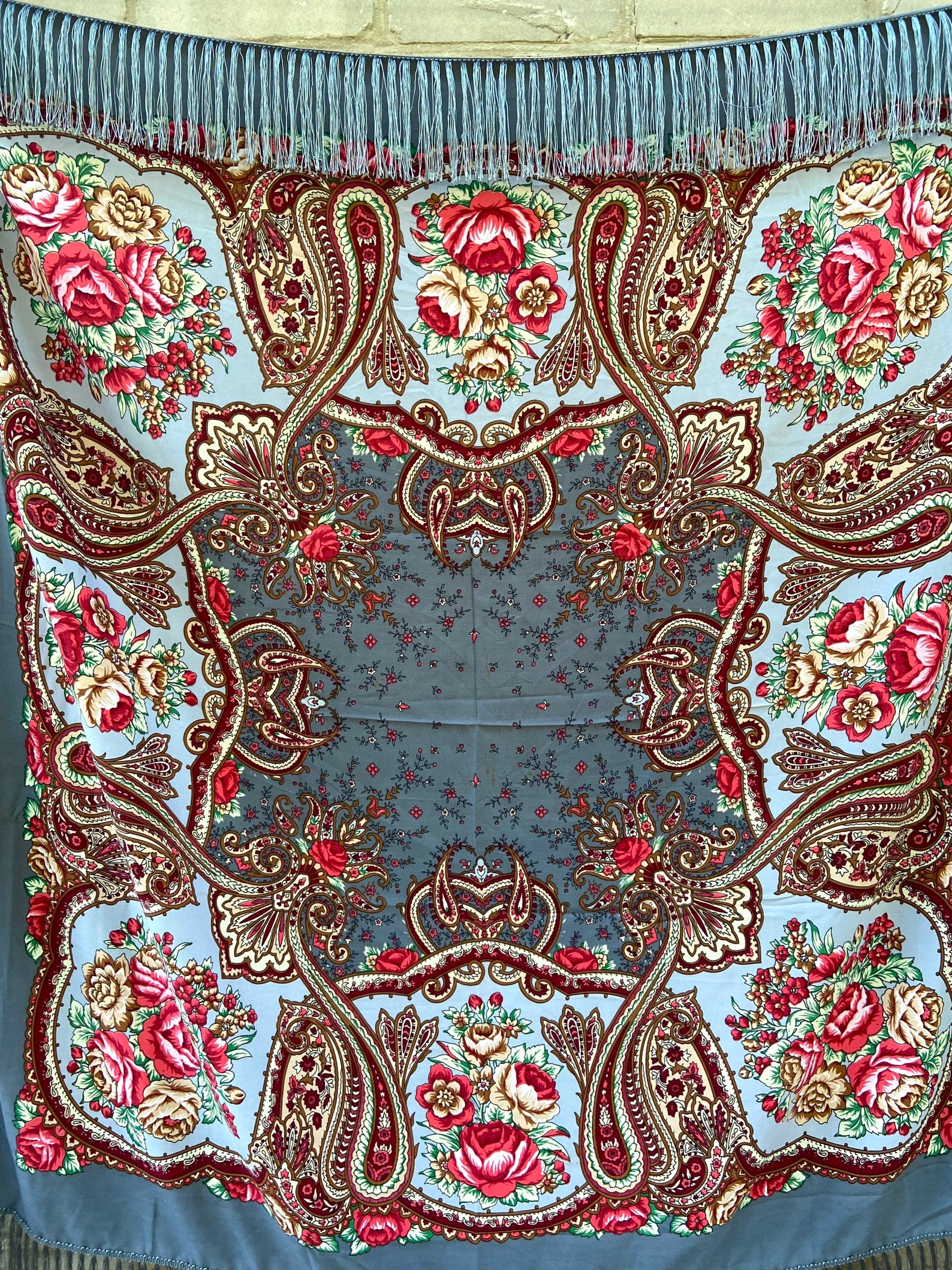 Large Grey Ukrainian Folk Piano Shawl, Slavic Floral Polish Scarf ...