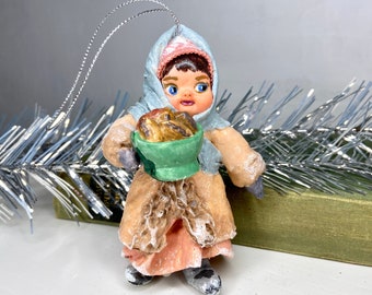 OOAK Spun cotton doll, Paper mache russian girl, Ukrainian Christmas ornaments, vintage figurine decoration, Paper Clay Xmas decor