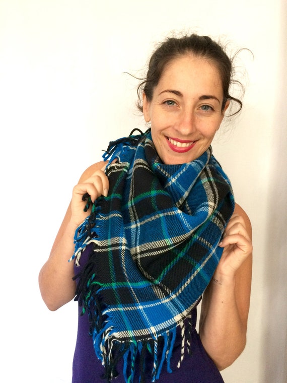 100% Wool Blanket tartan Winter scarf - Vintage ba