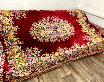 70s very big Italian Velvet thin Rug, vintage sofa cover, king size plush cotton bedspread, floral red carpet, Russian vintage rug
