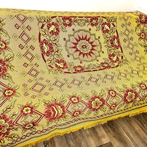 70s king size Ukrainian folk vintage cotton blanket, double floral yellow tapestry, Slavic Polish sofa cover, traditional picnic blanket