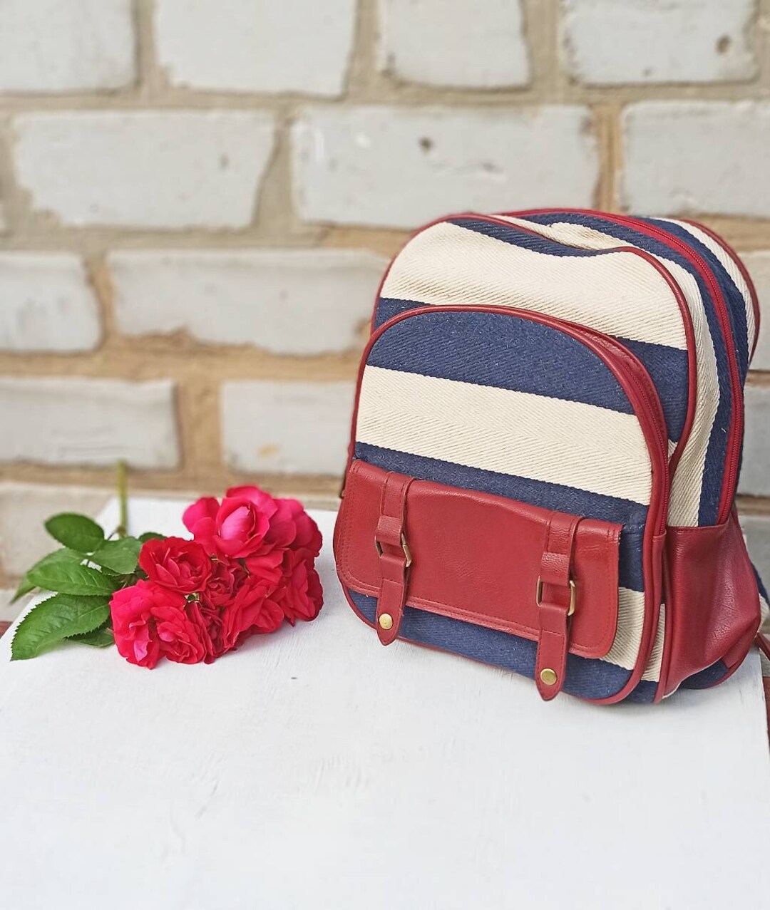 Vintage Striped Cotton Mini Backpack Sea Style Backpack Etsy