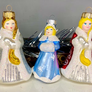 Snow Maiden russian doll glass ornament, Santa Claus souvenir for New Year, Christmas Ukrainian ornaments Ded Moroz