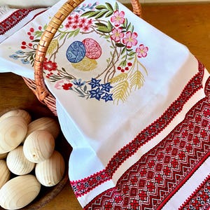 Embroidered Ukrainian Easter Table Runner, Pysanky Basket Cover, Linen Christ is risen Pascha Towel