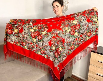 Large Ukrainian red piano shawl, Russian floral scarf, folk fringed polish Slavic shawls with fringes