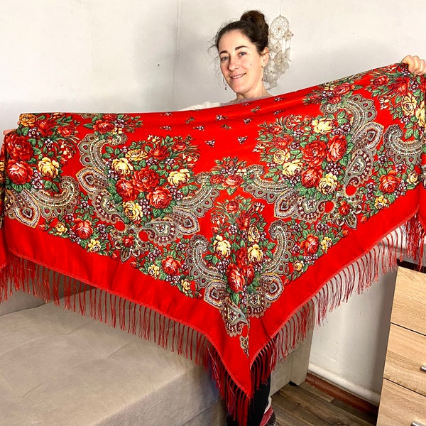 Large Ukrainian red piano shawl, Russian floral scarf, folk fringed shawl, Ukraine kokum scarf, polish Slavic shawl with fringes