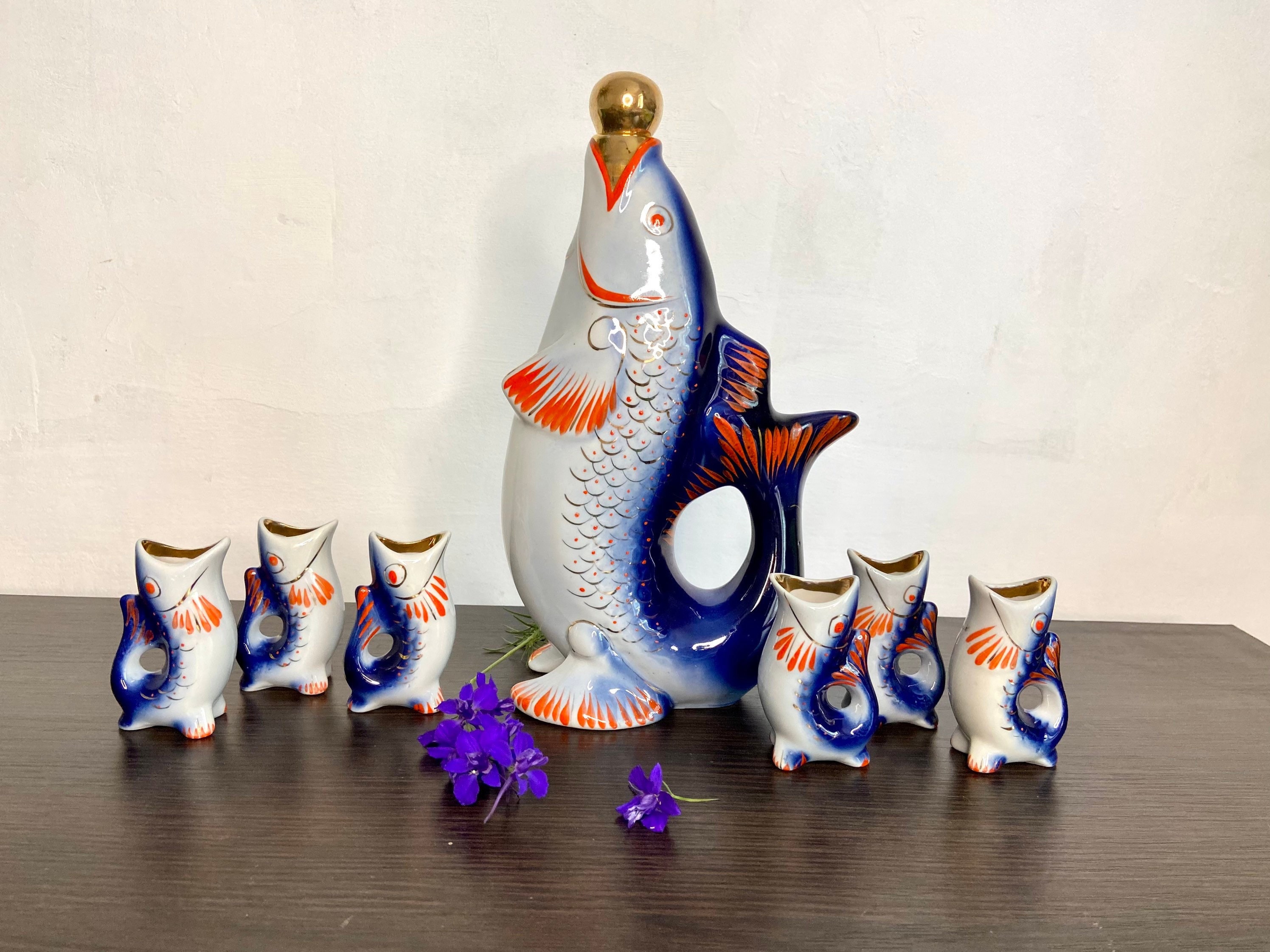 ウクライナの酒器セット 魚の家族 - 磁器 コバルト ソビエト デカンタ