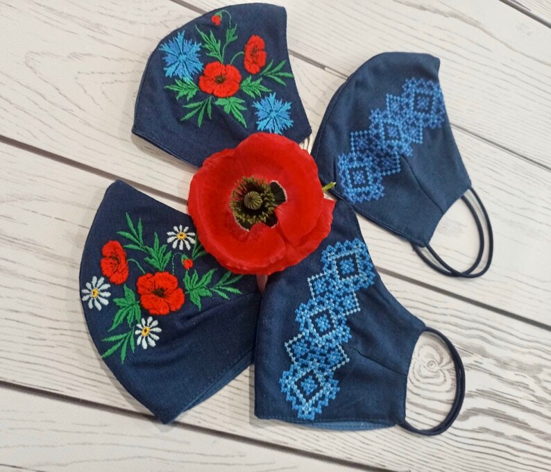 Flower Ukrainian face mask embroidery poppies daisies 2 Etsy