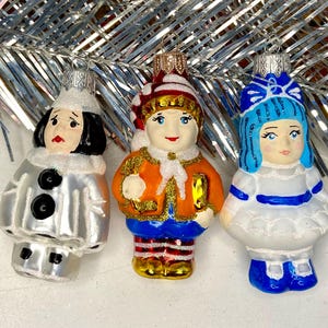 Set Pinocchio, Malvina, Pierrot Ukrainian Christmas tree ornaments, BURATINO handpainted Soviet cartoon, girl boy fairy Ukraine decorations