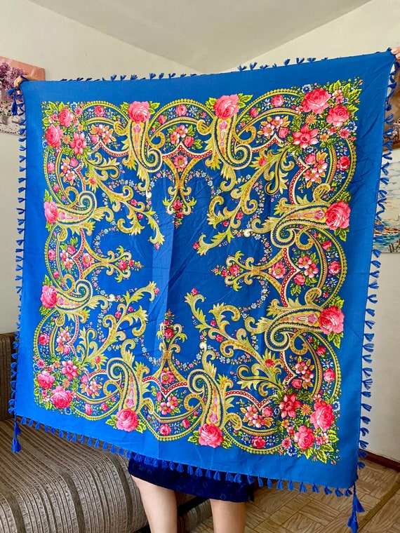 Woolen Polish Vintage blue traditional shawl - Ro… - image 5