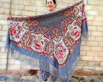 Large Grey Ukrainian Folk Piano Shawl, Slavic Floral Polish Scarf