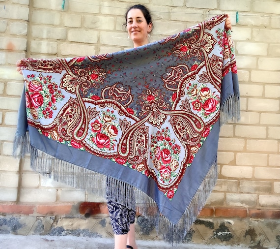 Large Grey Ukrainian Folk Piano Shawl, Slavic Floral Polish Scarf