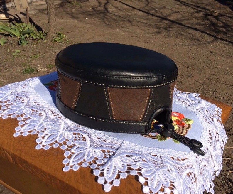 men/'s kufi black yarmolka men/'s kippah muslim black and brown Kufi leather \u041dandmade hat big size