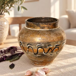 May include: A wide-mouthed ceramic vessel with a weathered, mottled finish in shades of bronze, gold, and dark grey. The exterior features a hand-painted horizontal band of repeating black and white wave-like patterns encircling the midsection.