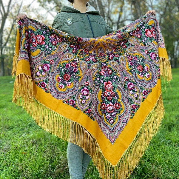 Sale large piano shawl - yellow floral scarf romania wooll Spain headscarf vintage chale Ukrainien Mexico head Russia shawl Gift for mom