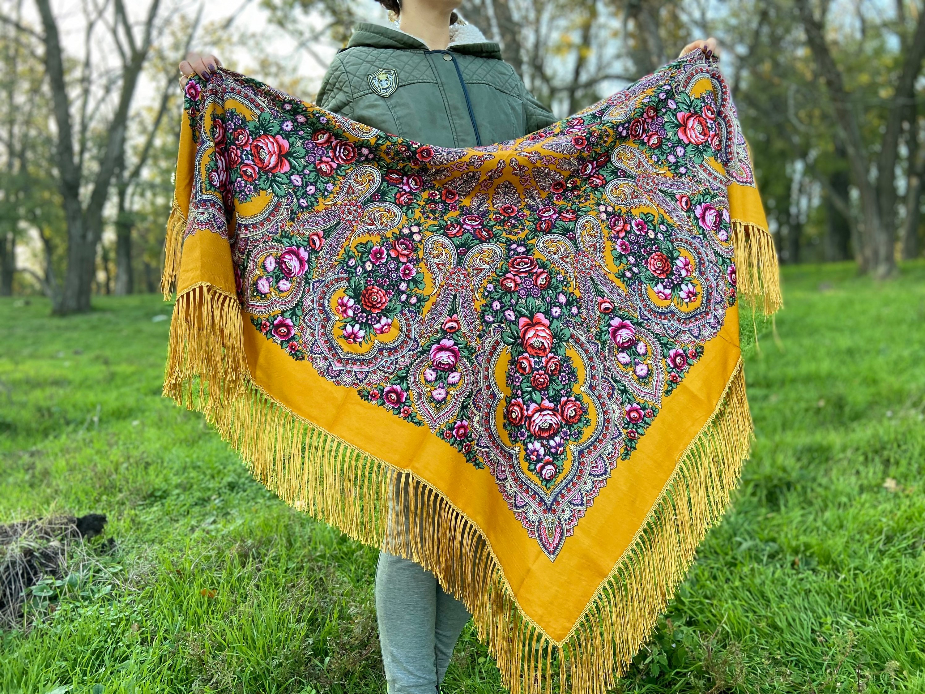 Sale Large Piano Shawl - Yellow Floral Scarf Romania Wooll Spain