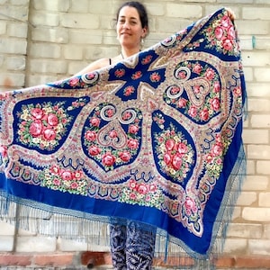 Ukrainian big blue piano shawl, Russian folk floral scarf, Large fringed kokum flamenco scarfs, Ukraine tablecloth, pavlovo posad shawl