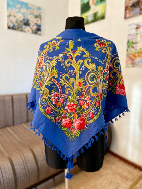Woolen Polish Vintage blue traditional shawl - Ro… - image 4