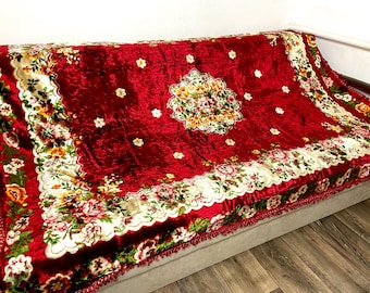 NEW Italian Velvet wall Large Square Rug, 70s vintage red sofa cover, crushed plush cotton carpet, boho velour rugs